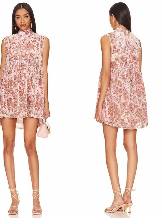 Free People Dresses & Skirts - Free People Pink Paisley Velvet Babydoll Mini Dress NWOT